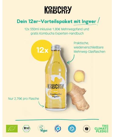 Kombuchery Ginger Kombucha - 12 x 330ml | Organic Vegan Low-Calorie Fermented Tea Drink | Healthy & Sustainable - Buy Online on GoSupps.com