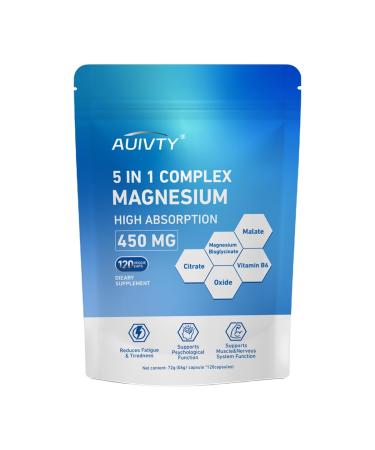 Auivty 5-in-1 Magnesium Complex 450 mg High Absorption Magnesium Glycinate Malate & Citrate with Vitamin B6 Muscle Nerve & Relaxation Support 120 Veggie Capsules