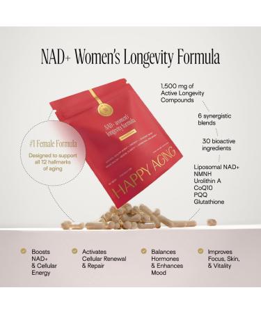 Happy Aging NAD+ Advanced Longevity Formula for Women Cellular Regeneration & Mitochondrial Support with NMN, NR, Resveratrol, CoQ10 & Urolithin A Energy & Healthy Aging Supplement 90 Capsules - Buy Online on GoSupps.com