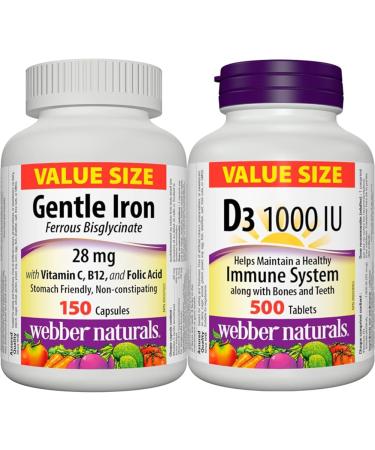 Webber Naturals Gentle Iron Supplement + Vitamin D3 1000 IU Bundle Nutritional Supplement + Vitamin D3