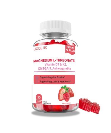 UXOEJIK Magnesium L-Threonate Gummies - with Vitamin D K2 & Omega-3 Fish Oil - Brain Health Memory and Muscle Support - Vegan Non-GMO Natural Berry Flavor 90 Gummies
