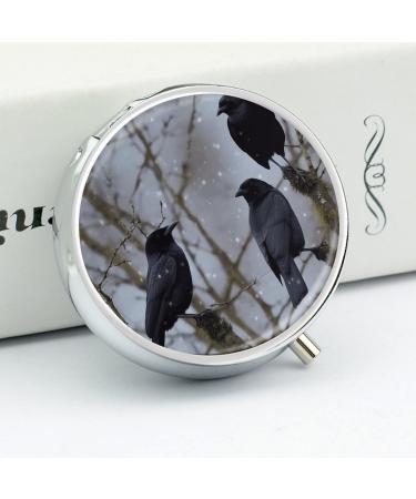 Round Black Crow Birds Print Pill Box | 3 Compartment Portable Metal Organizer - Buy Online on GoSupps.com