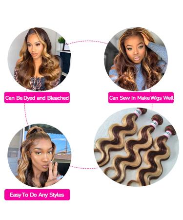 Bestsojoy Ombre Highlight Brazilian Body Wave Hair Bundles | 4 Bundle Pack 12A Remy Human Hair Weaves P4/27 Ombre Brown Blonde Extensions | 22 24 26 28 Inch Highlighted Hair - Buy Online on GoSupps.com
