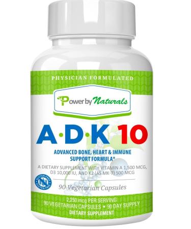 Power By Naturals ADK 10 - Vitamin A Vitamin D3 10000 IU with Vitamin K2 MK-7 Supplement - Potent Vitamina K2 D3 plus A for Bone Heart and Immune Health - 90 Pills (3-Month Supply) for Men & Women 90 Count (Pack of 1)
