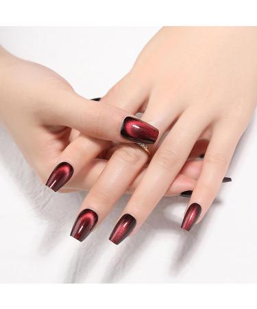 Dark Red Cat Eye Press On Nails - Medium Coffin Fake Nails | KKUUOO Handmade Velvet & Glitter Designs - 24Pcs Full Cover Glossy Stick On Nails for Women & Girls - Buy Online on GoSupps.com