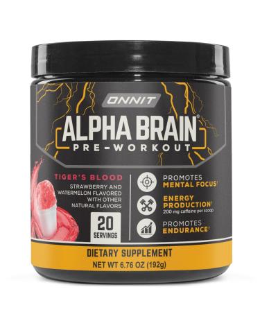 ONNIT Alpha Brain Pre-Workout Powder IGEN Non-GMO Tested Tiger's Blood Flavor Pre-Workout Supplement for Women and Men Dietary Supplement 20 Servings per Tub 6.76 oz