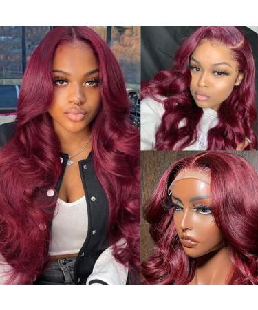 Sdamey 99j Burgundy Lace Front Human Hair Wig 26 Inch Body Wave HD Transparent Pre Plucked 180% Density Brazilian Virgin Red Wig for Black Women - Buy Online on GoSupps.com