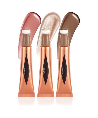 PASNOWFU Contour Beauty Wand  Face Concealer Blusher Highlighter Stick with Soft Cushion Applicator  Smooth Natural Matte Finish Contour Blush Pen  Waterproof Long-lasting Body Face Makeup (3Pcs) 01 Coral Pink + 03 Pea...
