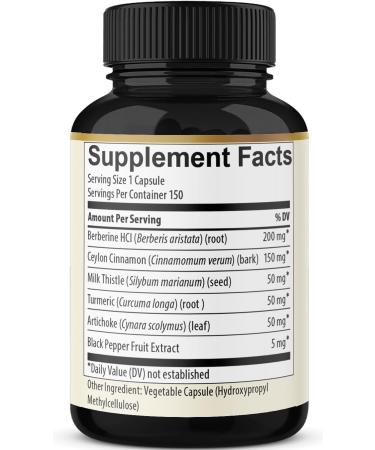 Berberine with Ceylon Cinnamon Turmeric Milk Thistle Artichoke Black Pepper - 150 Count - Pack of 1 150 Count (Pack of 1) - Buy Online on GoSupps.com