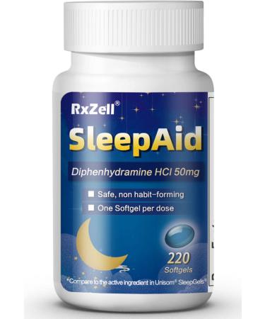 RxZell Sleep Aid, Diphenhydramine HCl 50mg, 220 Softgels - Fall Asleep Faster, Deeper Restful Sleeping, Non Habit-Forming 220 Count (Pack of 1)