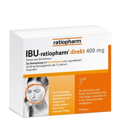 IBU-ratiopharm direct 400 mg powder: The painkiller for on the go to be taken without water. Active ingredient ibuprofen 20 pieces