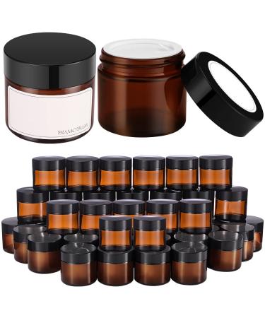 2 oz Round Amber Glass Jars, Bumobum 48 pack Cream Jars with Black Lids, White Labels & Inner Liners, Empty Cosmetic Containers for Cream, Lotion 48 pack Amber