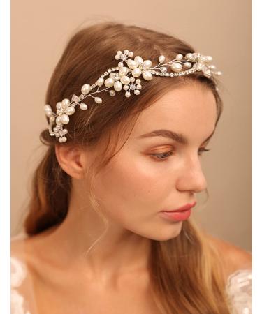 Deniferymakeup Bride Wedding Hair Vine Rhinestone Headband Pearl Bridal Headpiece Pearl Hair Accessories for Women and Girls (Silver)