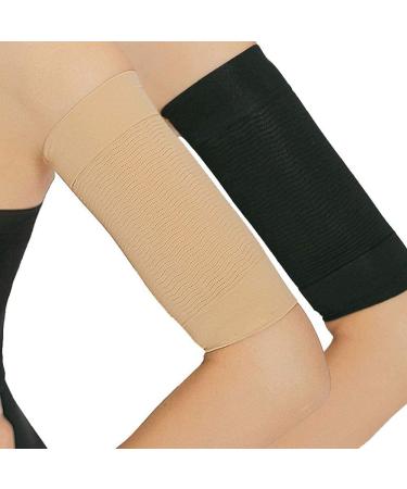 BeeSpring 2 Pair Arm Slimming Shaper Wrap  Arm Compression Wrap Sleeve Helps Lose Arm Fat  Tone up Arm Shaping Sleeves for Women  Sport Fitness Arm Shapers(Beige + Black)