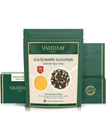 Vahdam Kashmiri Kahwa Chai - Spiced Green Tea with Natural Spices (100g) | Masala Chai Blend | Premium Loose Leaf Tea Cinnamon Cardamom Almond Saffron - Buy Online on GoSupps.com