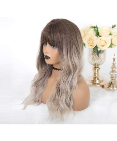 LANOVA 18 Brown Ombre Ashy Silver Wigs with Bangs | Synthetic Glueless Wigs for Women - Buy Online on GoSupps.com