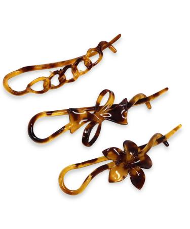Parcelona French Twist n Clip Flower  Bow and Chain Savana Celluloid Acetate Set of 3 Metal Free Hair Clip Barrettes Tortoise Shell  Tokyo