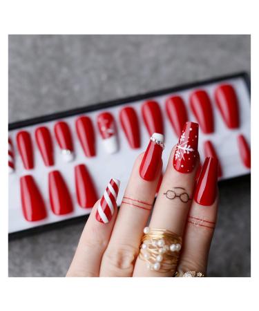 Fake Nail Patches 24 Pieces Christmas Reindeer False Nails Hand Painted elk Red 3D Acrylic Crystal DIY Style Art Fake nalis Tips Press on Nails (Color : H-072-C)