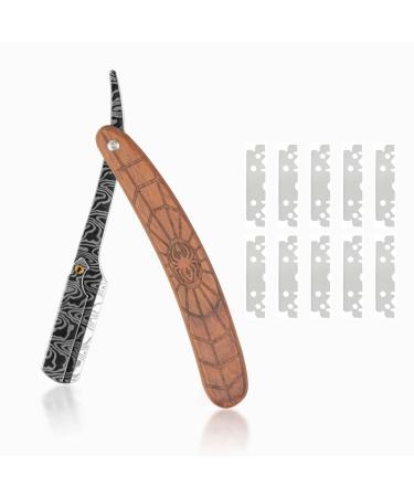 Professional Straight Edge Razor with 10 Replaceable Single Blades Wooden Handle Barber Razor Premium Stainless Steel Shaver Razor for Men Salon & Home Grooming Using - Brown