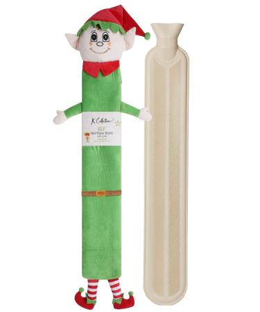 Extra Long Hot Water Bottle Super Soft Novelty Plush Cover Natural Rubber 2L Capacity 72cm Long Perfect for Pain Relief on Aches or Injuries (Elf) Elf - Green