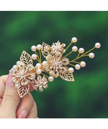 IYOU Bridal Wedding Hair Clip Gold Flower Barrette Hair Piece Pearl Bridal Hair Comb Prom Bride Bridesmaid Hair Accessories for Women