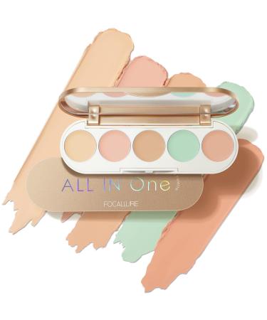 FOCALLURE #GoldenAge 5 in 1 Multi Uses Concealer Palette 5 Colors Correcting Conceal Palette Camouflage Contour Palettes for Dark Circles Face Contouring Highlighter Pallet CC01 LIGHT-CORRECTING