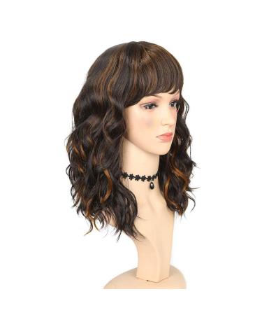 WIGNEE Natural Wave Ombre Brown Curly Bob Wig with Bangs - 14 Inch Shoulder Length Synthetic Wig for Black Women with Mixed Brown Highlights - Buy Online on GoSupps.com