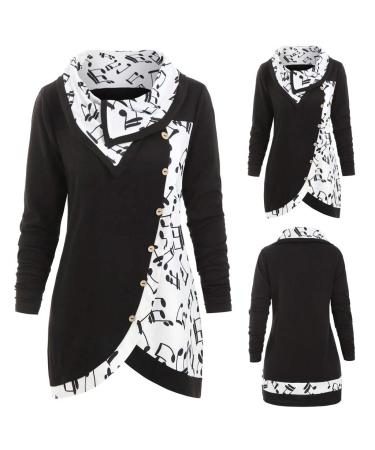 Bigfanshu Womens Sweatshirt Black Neck Musical Notes Turtleneck Tartan Tunic Pullover Tops