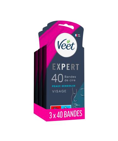 Veet Expert - 120 cold wax strips for face - sensitive skin - perfect processing - long -lasting hair removal - 3 x 40 stripes 40 pieces (3 pack)