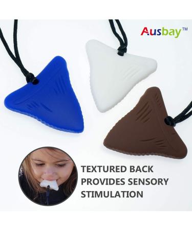 Ausbay Sensory Chew Necklaces - Silicone Shark Tooth Pendant (3 Pack) for Kids & Adults with Anxiety, ADHD, Autism - Brown/Blue/White - Buy Online on GoSupps.com