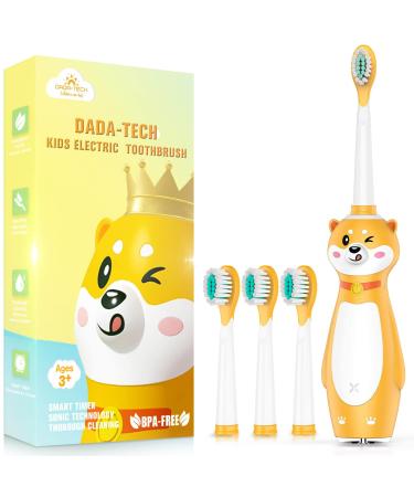 Dada-Tech Kids Electric Toothbrush Rechargeable, Sonic Silicone Teeth Brush with Timer for Children Boys Girls Ages 3+, 3 Modes with Memory, 4 Soft Brush Heads (Yellow Shiba Inu Dog)