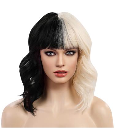 Haircube short charming bob with bangs wigs for woman nature heat -resistant synthetic fiber party/cosplay/costume/daily wig (cruella deville : black/white)