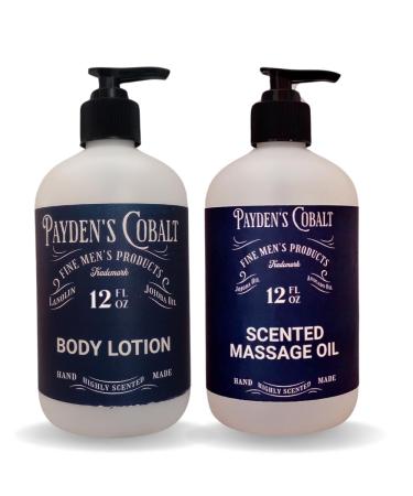 Payden's Cobalt Vetiver & Oakmoss for Men Scented Body Lotion and Massage Oil Set 12 Oz Lotion - 12 Oz Massage Oil