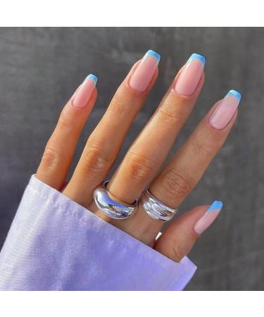 24 pieces square French artificial nails shiny medium length false nails full cover artificial nails tips for women and daily decoration (blue)