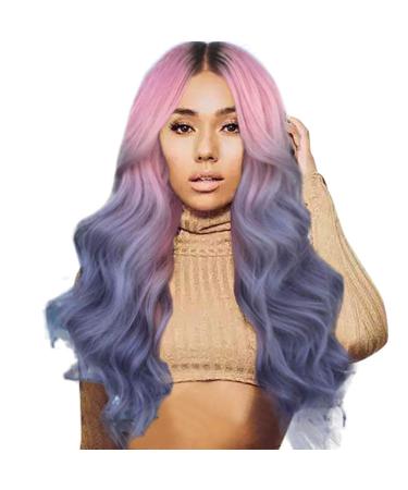 Battnot hair part for women gold pink purple mix color Long curly straight straight women girl cosplay party corrugated synthetic full wig curly hairstyle hairpin (28''70cm purple) 28'70cm purple