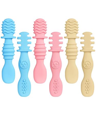 Vicloon Silicone Baby Spoon 6Pcs Spoon Baby Weaning Spoon Set Self Feeding Utensil Easy Grip Soft Baby Spoon Toddler Cutlery Kit for Infant Toddler Children First Led Training Weaning Blue/Pink/Yellow