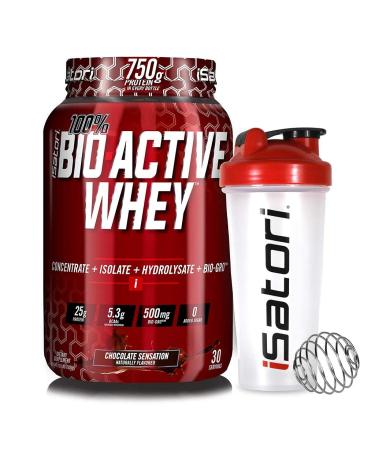 iSatori Bio-Active Whey Powder Chocolate Sensation (30 Servings) & iSatori Classic Blender Bottle (Clear Bottle with Red Top)
