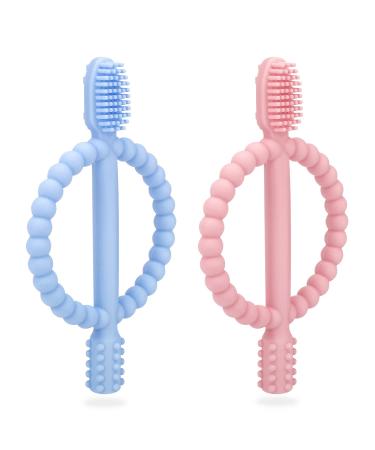 Baby biting toys 2 pieces of children's toothbrush toothing aid bite ring made of silicone BPA-free stimulating and massaging wound gums from 3 months Blue & Pink - Buy Online on GoSupps.com