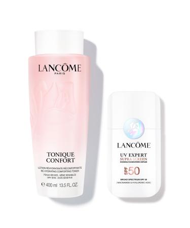 Lanc me Ultimate Day Time Prep Skincare Duo - Tonique Confort Hydrating Facial Toner 13.4 Fl Oz & Supra Screen Invisible Serum Sunscreen SPF 50+ - Anti-Aging Correction & Protection