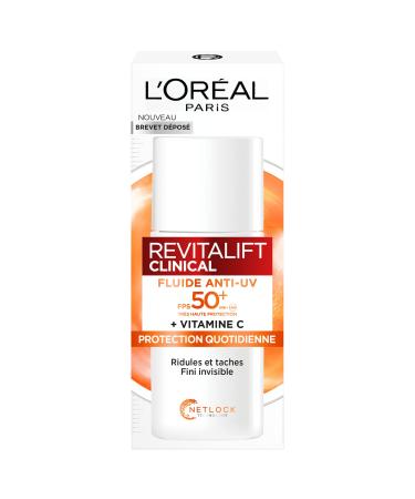 L Or al Paris L'Or al Paris - Anti-UV Fluid SPF 50+ Vitamin C + Vitamin E + Hyaluronic Acid - Spots Wrinkles & Uneven Complexion - Invisible Finish - Long UVB & UVA Protection - 50 ml