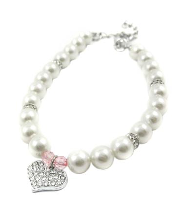 Alfie Pet - Pinky Crystal Heart Pearl Necklace - Size: L (12
