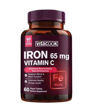 Vitacook Iron Supplement for Women and Men High Potency Iron with Vitamin C Blood Energy Muscle & Immune System Support Vegan 60 Count