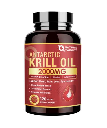 NATURE TARGET Krill Oil 2000 mg with Omega-3 EPA & DHA with Astaxanthin Supplement Choline - Supports Heart Brain Join Eye Health Non-GMO Gluten Free 120 Softgels (60 Servings) 120 Count (Pack of 1)