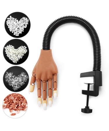 Nail Practice Hand with 400 Replacement Tips Flexible Acrylic Nail Practice Fingers Manicure Hand for Beginners Nail Technician Brown
