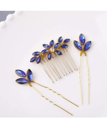 Baroque Bridal Hair Pins Set - Silver Rhinestone Wedding Hair Comb with Something Blue Accent - 3 Pcs - Gold - Buy Online on GoSupps.com