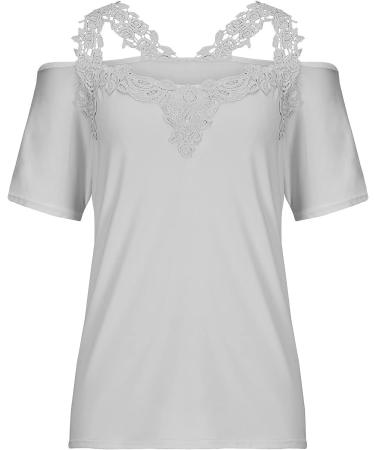 Gray X-Large Cutout Cold Shoulder Lace Patchwork T Shirt - Women's Plus Size V-Neck Floral/Solid Blouse | Summery Casual Short Sleeve Top - Buy Online on GoSupps.com