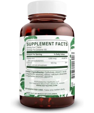 Natural Nutra Vitamin B12 1000 mcg Cobalamin Supplement - 100 Vegan Tablets | Gluten & Sugar Free - Calcium Phosphate for Metabolism Health & Optimal Absorption - 100 Count - Buy Online on GoSupps.com