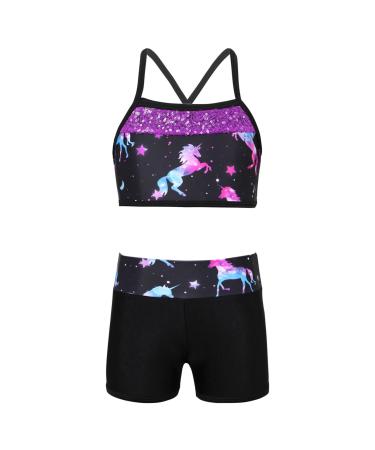 inhzoy Kids Girls 2 PCS Sequins Mermaid Tank Top Booty Shorts Ballet Dance Gymnastic Leotard Tankini Suit Dark Night Black 6