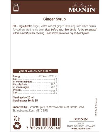MONIN Premium Ginger Syrup 700ml - Vegan-Friendly for Cocktails & Mocktails - Buy Online on GoSupps.com