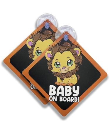 Litltle Ducklings 2 pcs Baby on Board Car Warning Baby on Board Sticker Sign for Car Warning with Suction Cups (Lion)